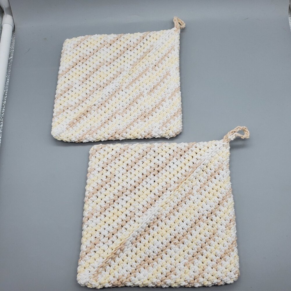 Handmade Crochet Tan/Yellow/Off White Potholder Set Double Thickness